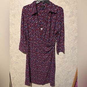 Talbots Hearts Faux Wrap Sheath Dress sz: L Blue Red Business Casual 3/4 Sleeve